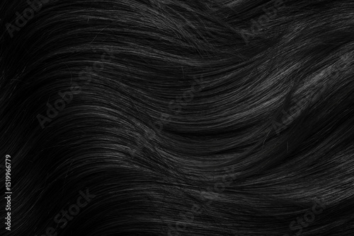 Brunette or black hair. Female long dark hair in black. Beautifully laid curls. Closeup texture in a dark key. Hairdressing, hair care and coloring. Shading gray hair. Background with copy space.