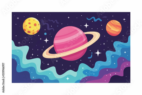 Whimsical Colorful Space Illustration Planets, Stars, and Cosmic Wonders