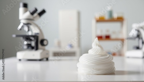 Laboratory scene featuring a white cream-like substance on a table, with microscopes and shelves of cosmetic products in the background, illustrating scientific exploration in skincare