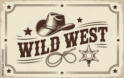 Vintage Wild West Illustration Cowboy Hat, Lasso, Sheriff's Badge