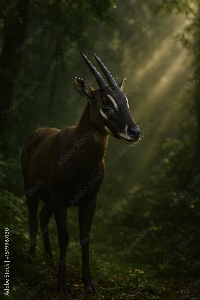 Fototapeta premium Rare Saola in Misty Rainforest – Photorealistic Wildlife Encounter of the Asian Unicorn