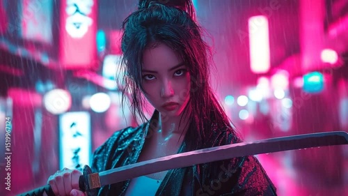 Confident asian woman with katana standing in neon city rain offers striking visual