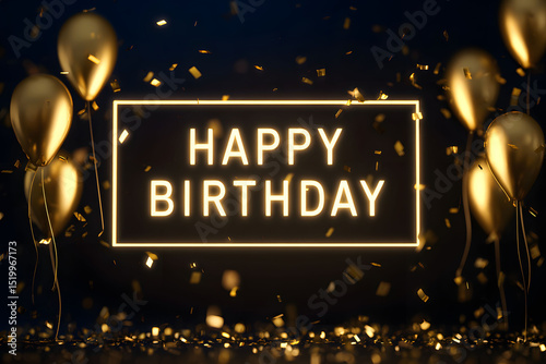 Happy Birthday Neon Sign with Gold Balloons and Confetti