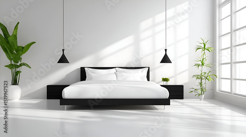 A bright and airy bedroom featuring a white king-sized bed and minimalistic black furniture