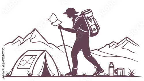 Vector illustration of a hiker with backpack tent mountains and camping gear for outdoor adventure trip