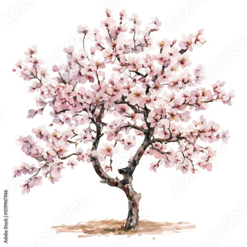 Almond Tree Spring Bloom, watercolor painting vector, high quality, isolated on a white background.