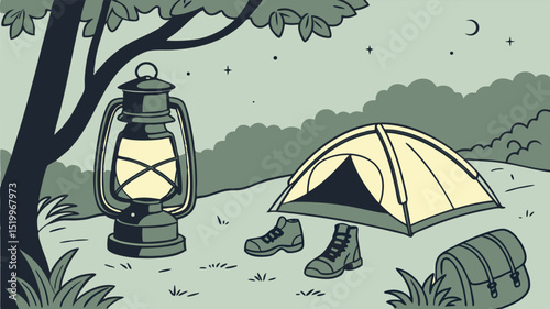 Camping illustration with tent, lantern, boots and backpack in nature at night under the stars and moon