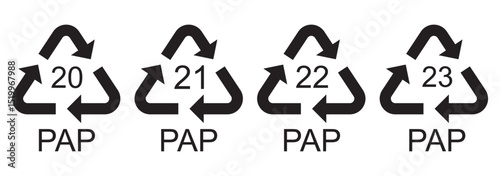 Paper recycling code icon set. recycling codes 20, 21, 22, 23. pap recycling symbols. plastic, recycle, symbol, code, icon.