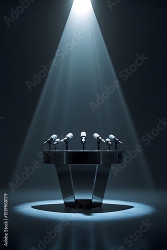 Spotlighted Podium – Microphones Ready for Press Conference Speech