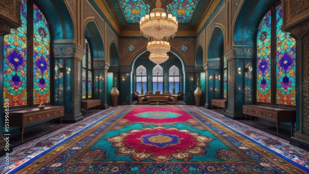 Obraz premium A lavish hall with stained glass windows, chandeliers, and a colorful ornate carpet design inside