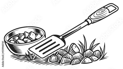 Illustration of cooking scene with spatula, bowl of food, and rocks for culinary design uses