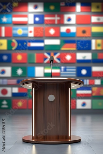 Global Conference Podium – Microphones in Front of International Flags