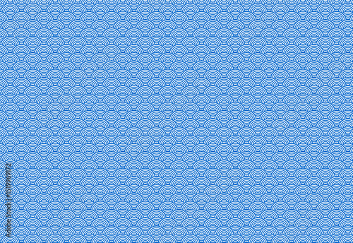 Geometric fish scale pattern from blue semi-circular lines on a white background. Modern and abstract design, ideal for textiles, packaging, or minimalist backgrounds. Elegant, stylish.