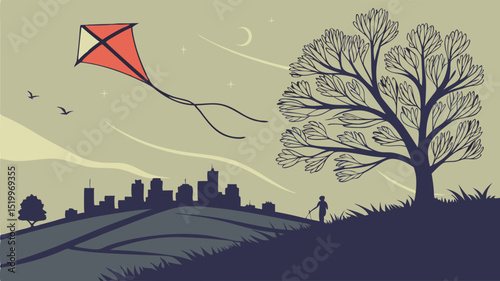 Illustration of a kite flying over a city skyline with a person and tree on a hill at night time scene