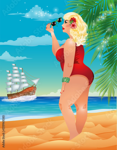 Plus size woman XXL and sailboat, summer card, vector illustration