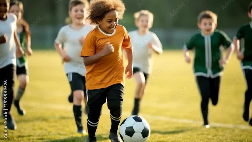 A dynamic, low-angle video shot of kids joyfully playing soccer on a sunny field, capturing their energy and teamwork in motion.