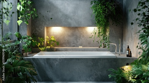 Built-in bathtub with modern tile surround, recessed lighting, and indoor plants