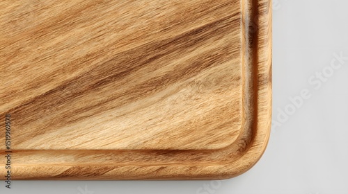 Close up of a wooden cutting board with a groove on a white surface showing wood grain details