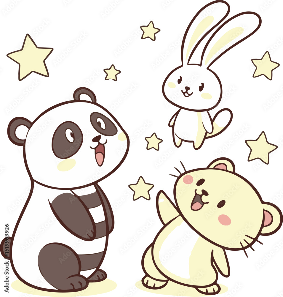 Obraz premium Adorable Cartoon Panda, Bunny, and Bear Surrounded by Stars on White Background