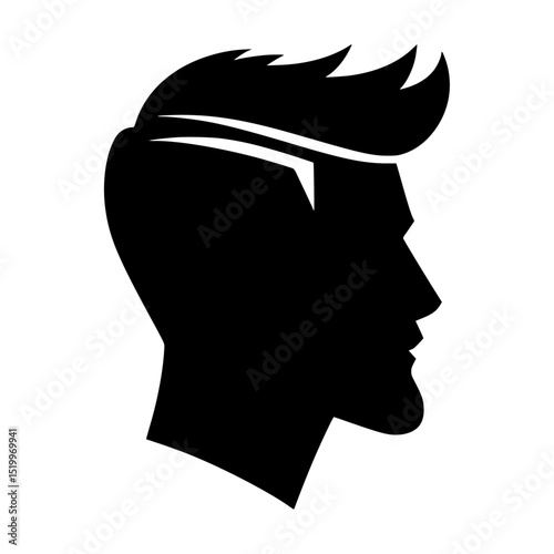 Black silhouette, male profile, stylized haircut, beard, minimalist design 