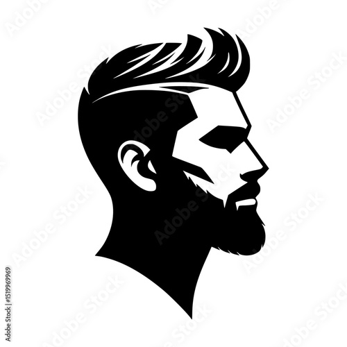 Black silhouette, male profile, stylized haircut, beard, minimalist design 