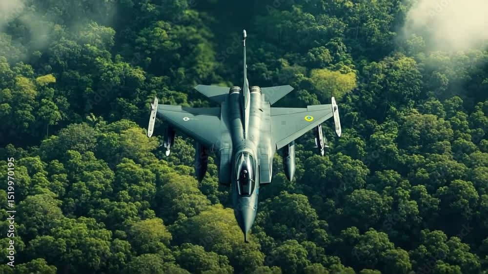 Powerful military aircraft flying through dense green forest and cloudy skies aerial view