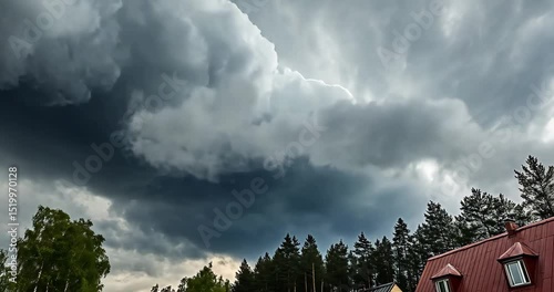 Low angle static shot: Dramatic dark clouds gather over a house and forest. The sky is overcast and gray.