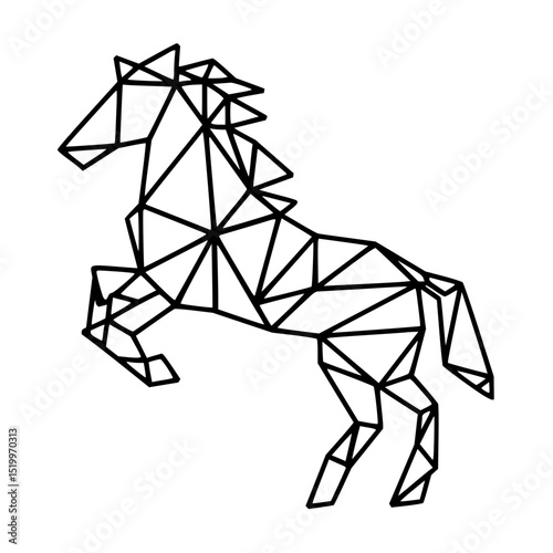 Minimilist geometric horse rearing up with a mane depicted using triangles and straight lines in a minimalist style vector