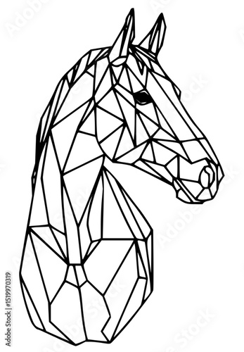 Minimilist geometric horse head illustration featuring a polygonal design in black lines against white space vector