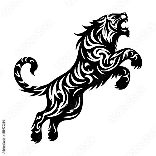 Minimilist stylized black tiger roaring and jumping with intricate tribal patterns on a white background design vector vector