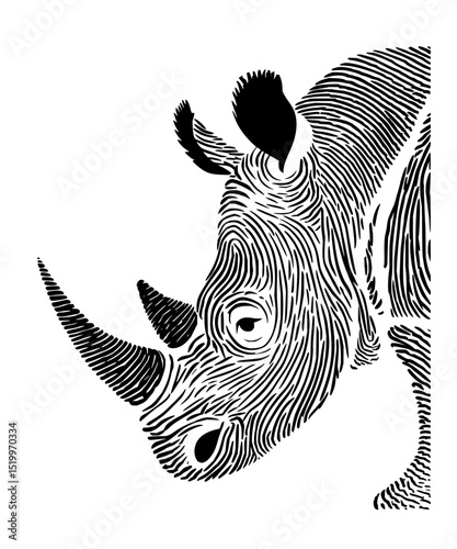 Minimilist detailed black and white line art illustration of a rhinoceros head with prominent horns and ears design vector