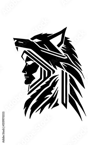 Minimilist stylized profile of a person wearing a wolf headdress in black and white illustration design style vector