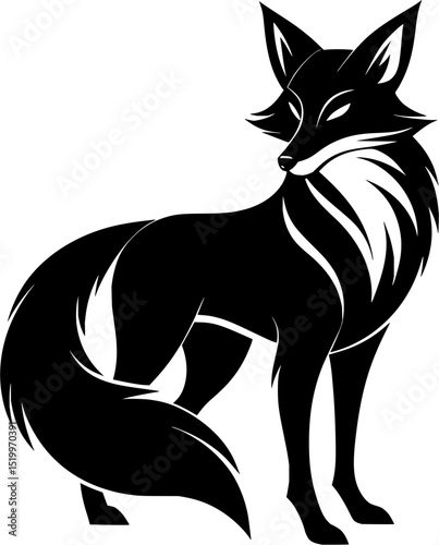 Minimilist stylized black fox standing with a bushy tail and sharp features in a minimalist vector illustration vector