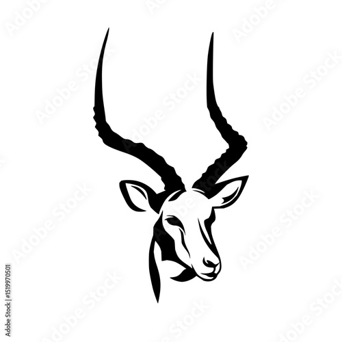 Minimilist illustration of a stylized black and white antelope head with long curved horns facing slightly right vector