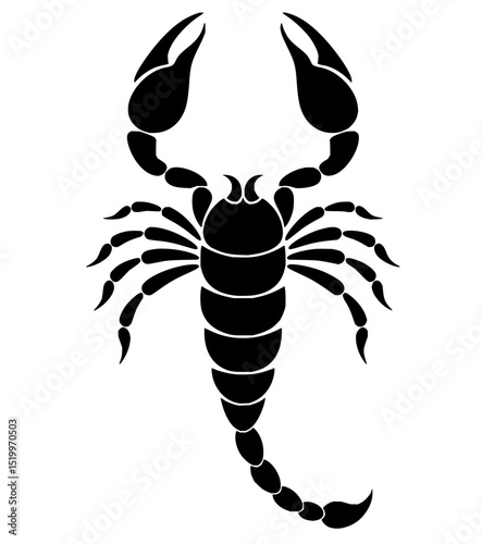 Minimilist a detailed black silhouette of a scorpion with prominent claws and segmented body on a white background vector