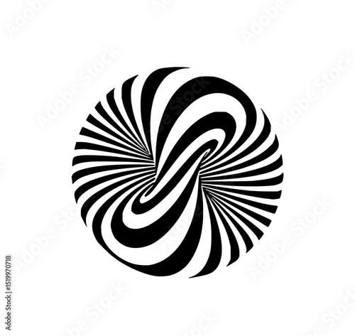 Minimilist optical illusion of a black and white striped vortex with a circular shape on a plain white background vector