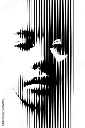 Minimilist abstract portrait of a woman rendered with vertical black lines on a white background artistic design vector
