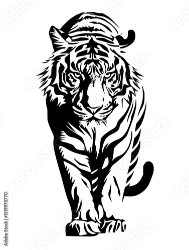 Minimilist a striking black and white illustration of a tiger walking forward with a detailed face and stripes vector