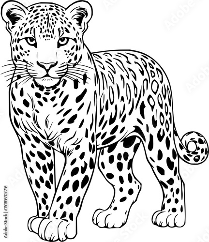 Minimilist illustration of a standing leopard with detailed spots and facial features in black and white design vector