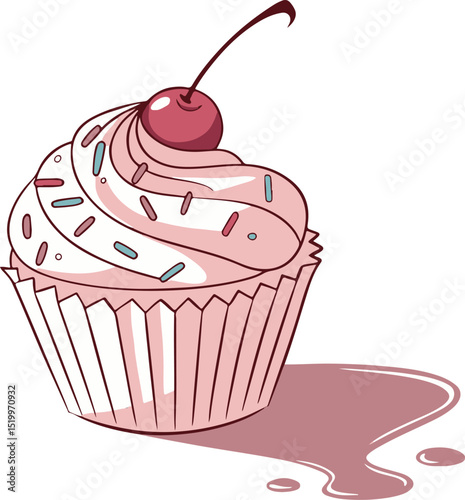 Delicious Pink Cupcake with Cherry and Sprinkles – Vector Dessert Illustration