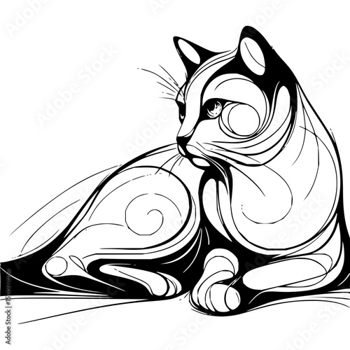 Minimilist stylized cat illustration with black and white swirling patterns in a minimalist design approach art vector