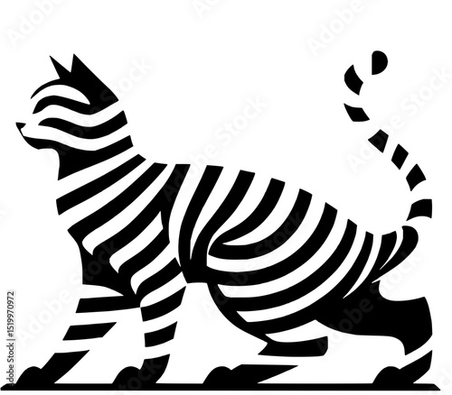 Minimilist a stylized black and white cat with horizontal stripes standing with its tail curled upwards elegantly vector