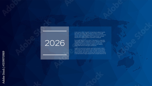2026 year infographic with World Map, sample text. Blue gradient triangle pattern. Vector background for web design, page, template, global business, presentation, report