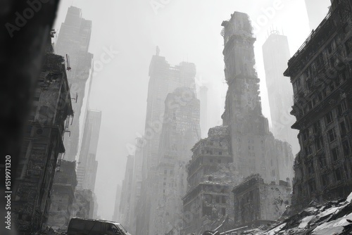 Cityscape ruins in post apocalyptic setting, grayscale style photo