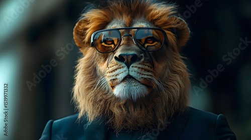 A lion in a business suit analyzing financial data with futuristic glasses photo