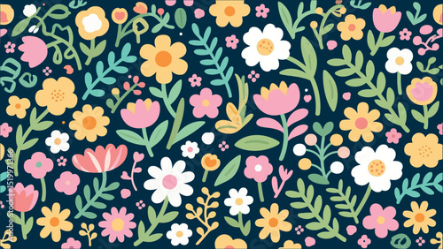 Colorful floral pattern with various flower and leaf illustrations on dark blue background.