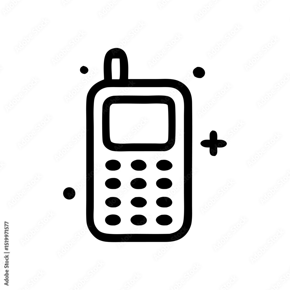Outline drawing of a retro mobile phone with an antenna and simple keypad. Communication technology concept Outline drawing of a retro mobile phone with an antenna and simple keypad. Communication technology concept