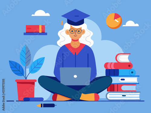 Online senior education program showing older woman engaged in digital learning with academic symbols