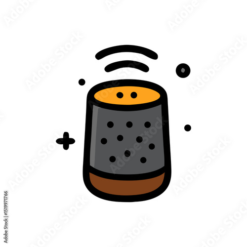 Smart speaker icon with radiating sound waves, representing voice assistant technology and home automation. Smart home concept