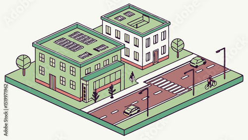 Isometric city illustration with solar panels, buildings, street, cars, and cyclist for urban design